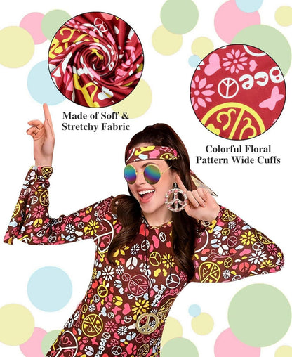 70er Jahre Hippie Kostüm Set mit Accessoires für Damen Disco Party