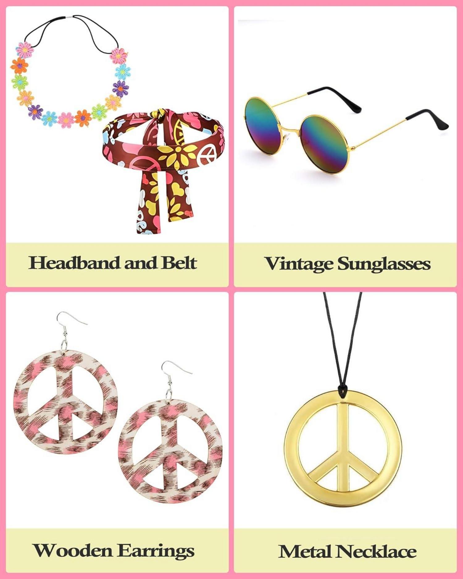 BIQIQI 70er Jahre Hippie Kostüm Set Damen Disco Outfit Karneval Halloween