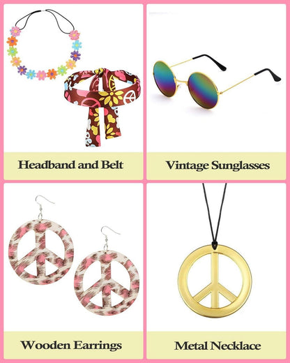 BIQIQI 70er Jahre Hippie Kostüm Set Damen Disco Outfit Karneval Halloween