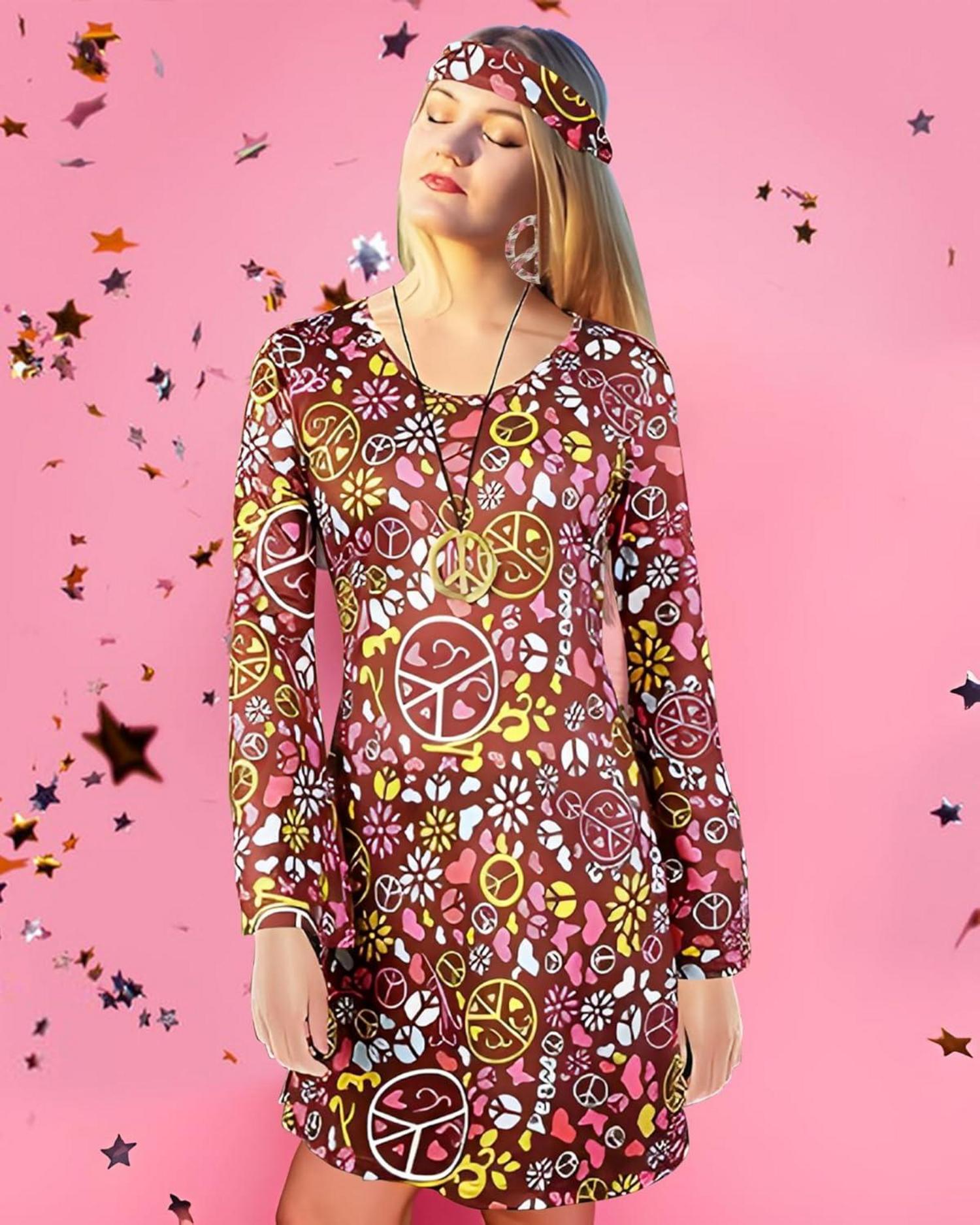 BIQIQI 70er Jahre Hippie Damen Kostüm-Set mit Accessoires Disco Outfit Karneval