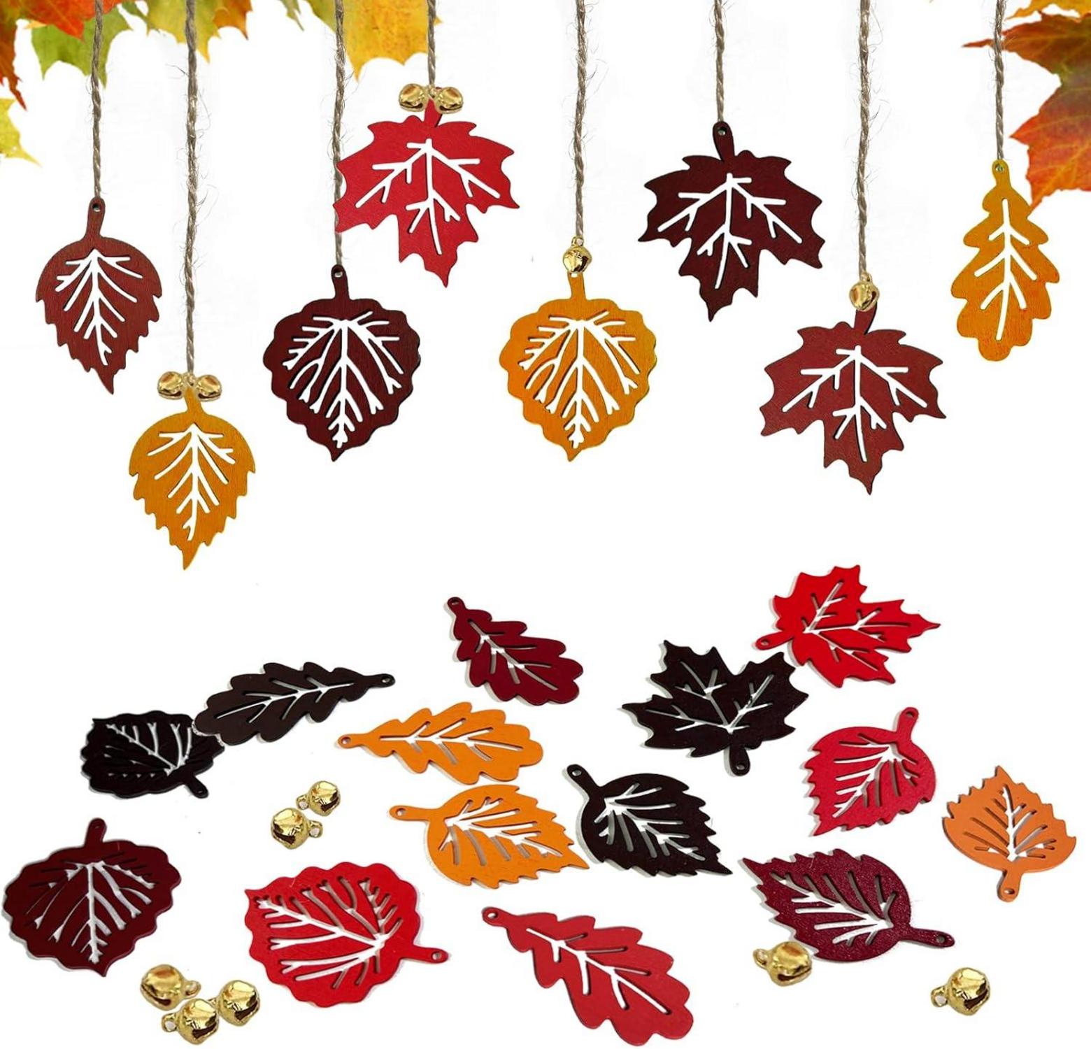 Herbstdeko 16x Holzblatt Anhänger mit Hanfseil und Glocke, Deko Herbst