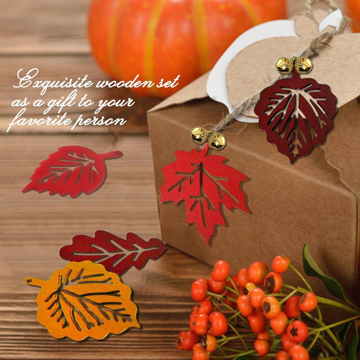 Herbst 16 Stück Holz Anhänger Blatt Deko Set - Fenster Garten Terrasse - 20 Hanfseile 20 Glocken - Thanksgiving Geschenk