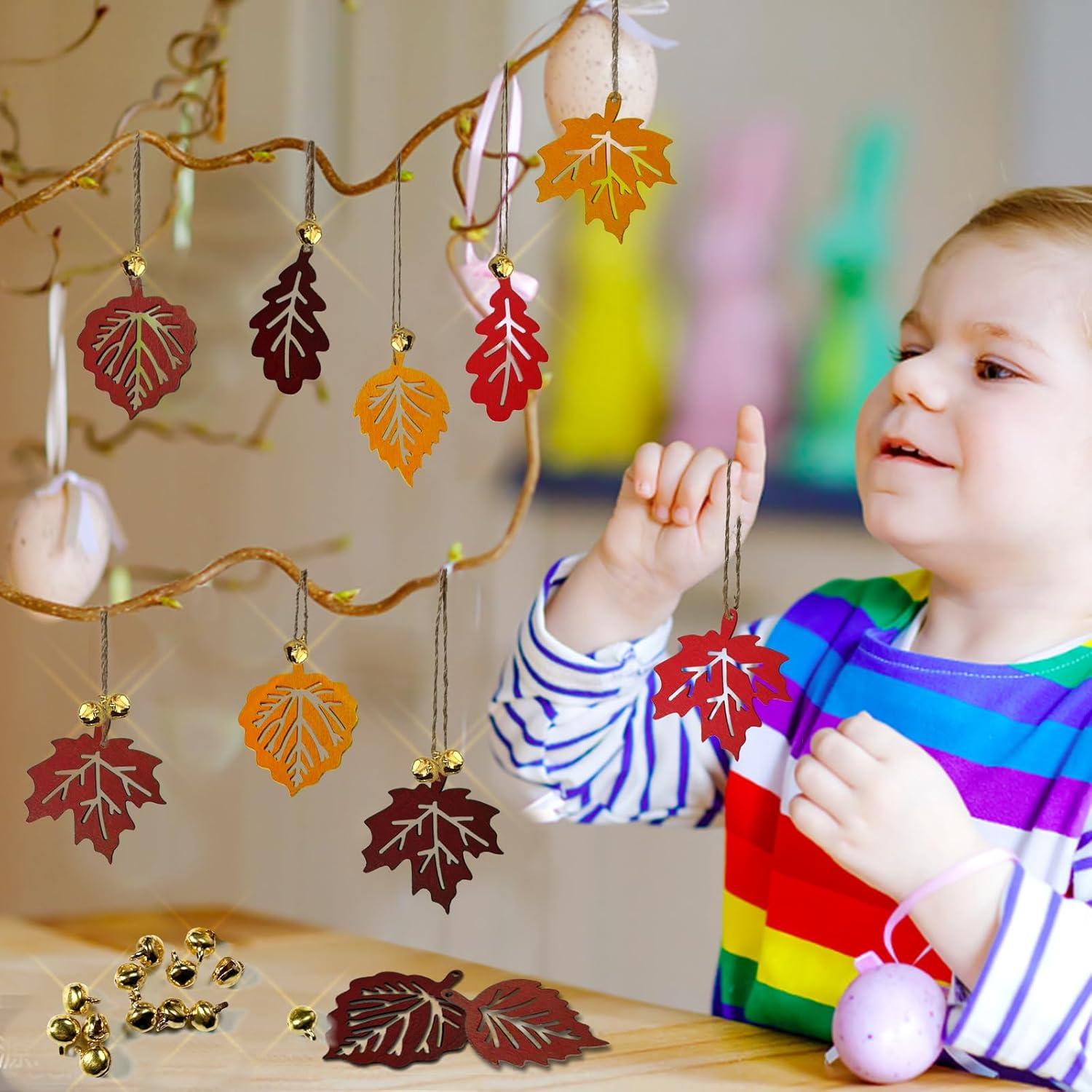 16er Set Herbst Deko Holz Blatt Anhänger mit Hanfseil und Glocke