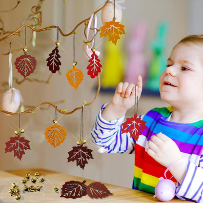 16er Set Herbst Deko Holz Blatt Anhänger mit Hanfseil und Glocke