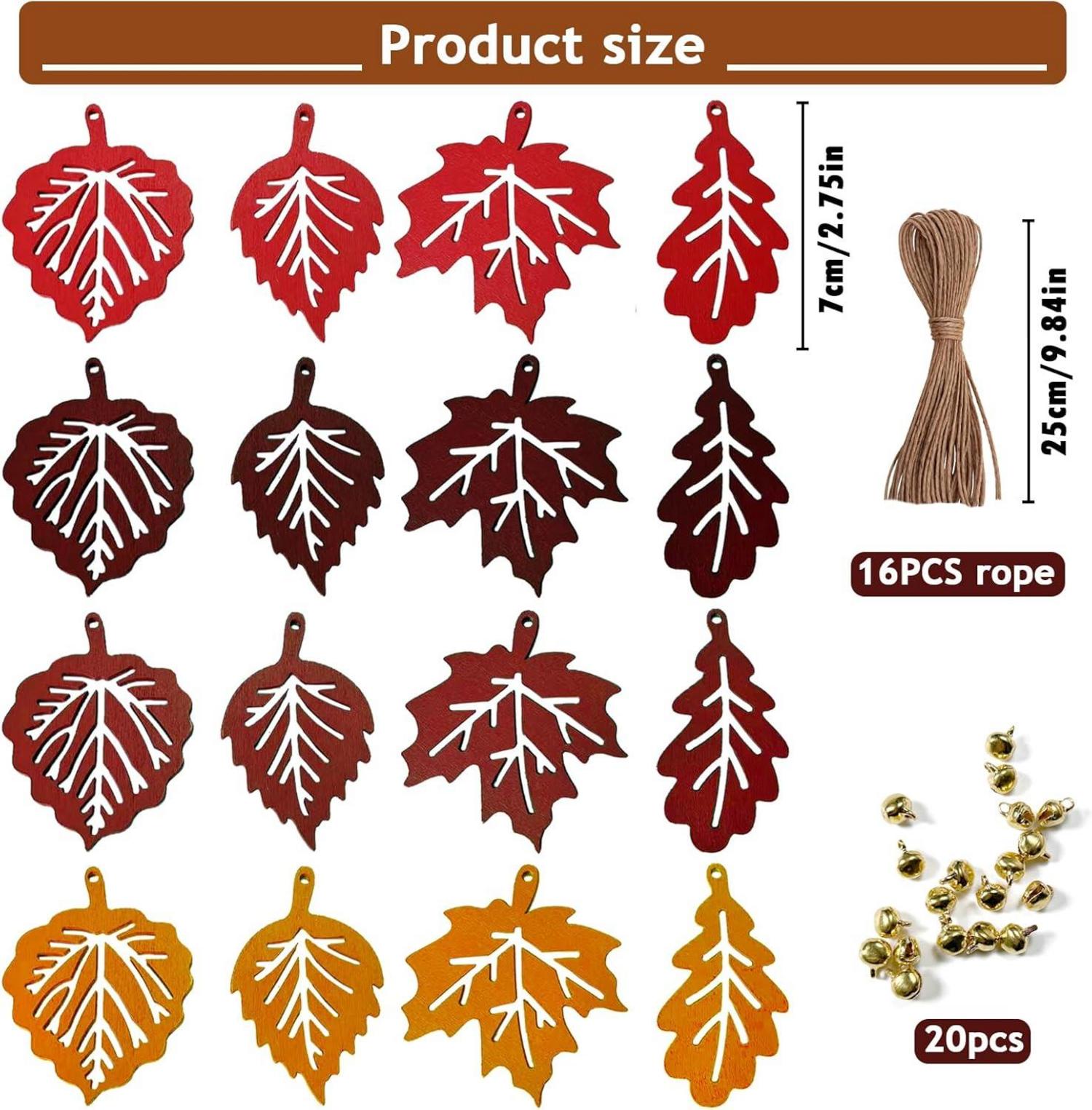 16er Set Herbst Deko Holz Blatt Anhänger mit Hanfseil und Glocke