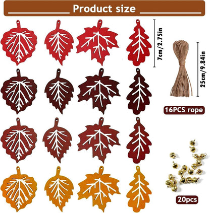 16er Set Herbst Deko Holz Blatt Anhänger mit Hanfseil und Glocke