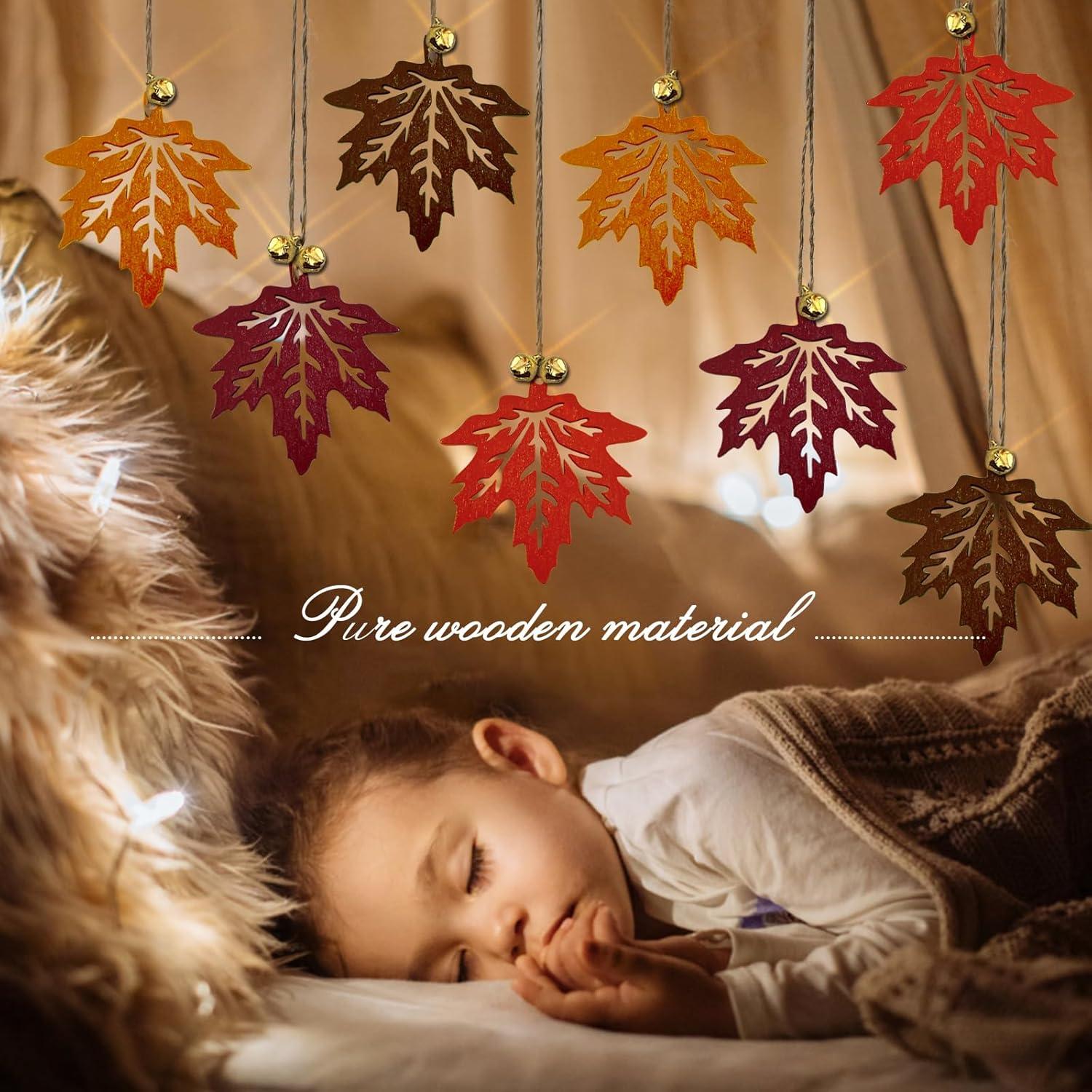 16er Ahornblatt Holz Herbst Deko Set mit Hanfseil und Glocke