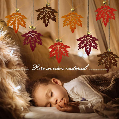 16er Ahornblatt Holz Herbst Deko Set mit Hanfseil und Glocke