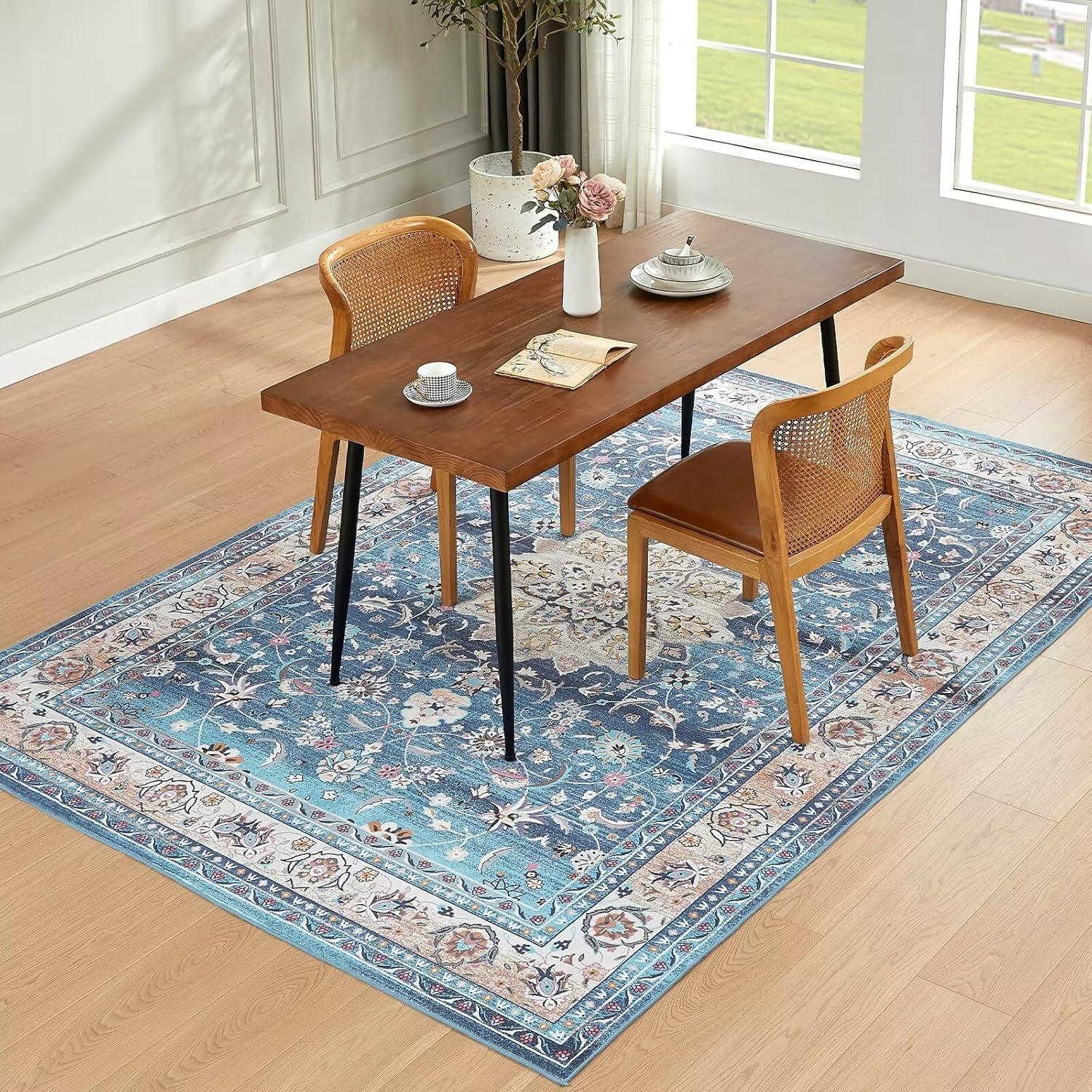 Waschbarer Vintage Kurzflor Teppich 120x170CM Blau