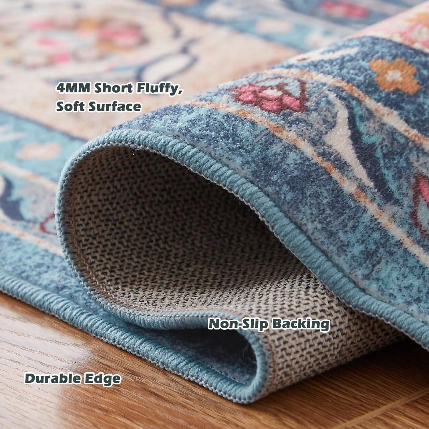 Waschbarer Vintage Teppich 120x170 cm Blau Kurzflor Wohnzimmer Schlafzimmer