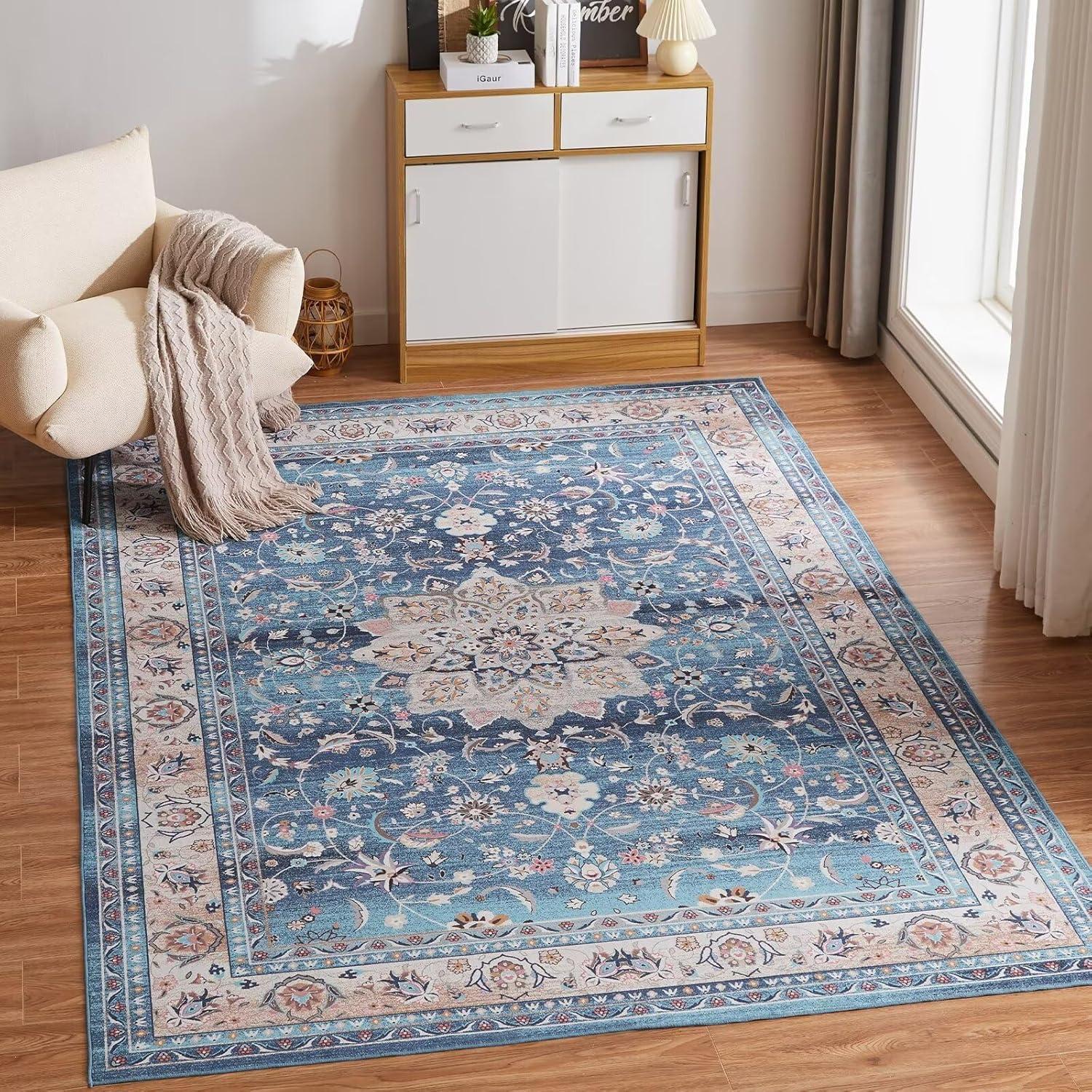 Vintage Teppich 120x170cm Blau | Groß Weich Rutschfest