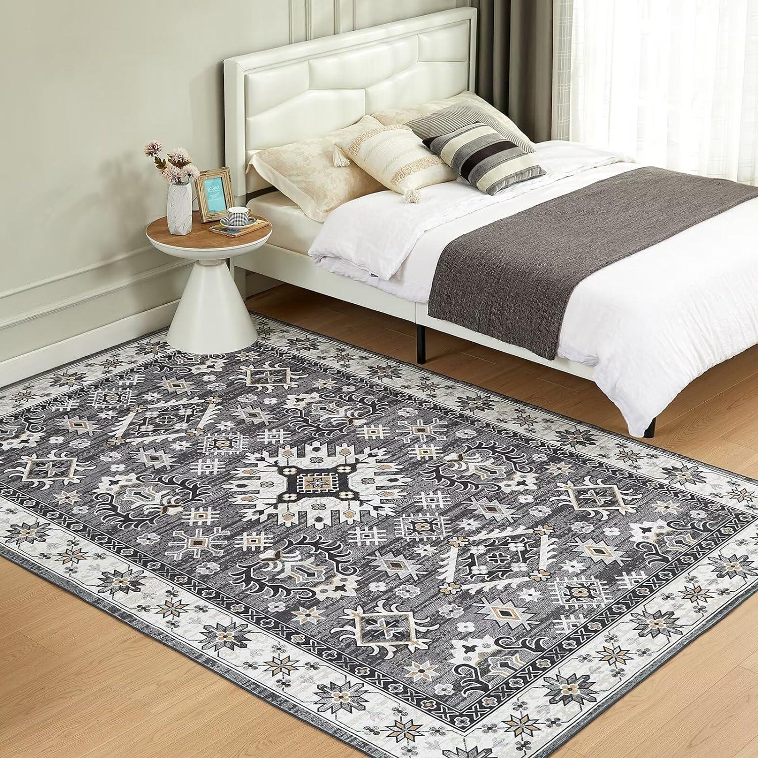 Teppich Wohnzimmer Waschbar 200x290CM Vintage Grau Kurzflor