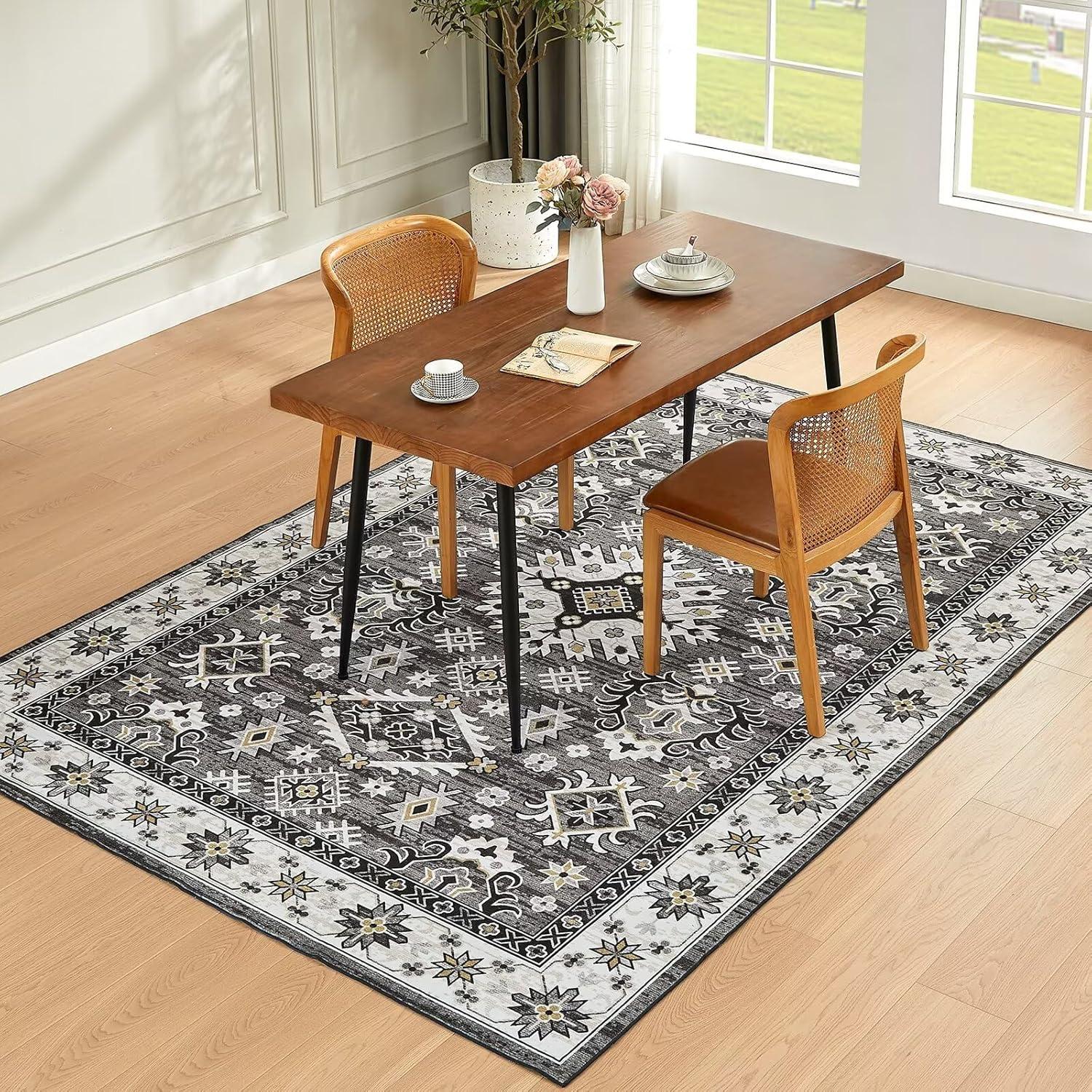 XXL Teppich Wohnzimmer 200x290CM Waschbar Grau Vintage Kurzflor Rutschfest