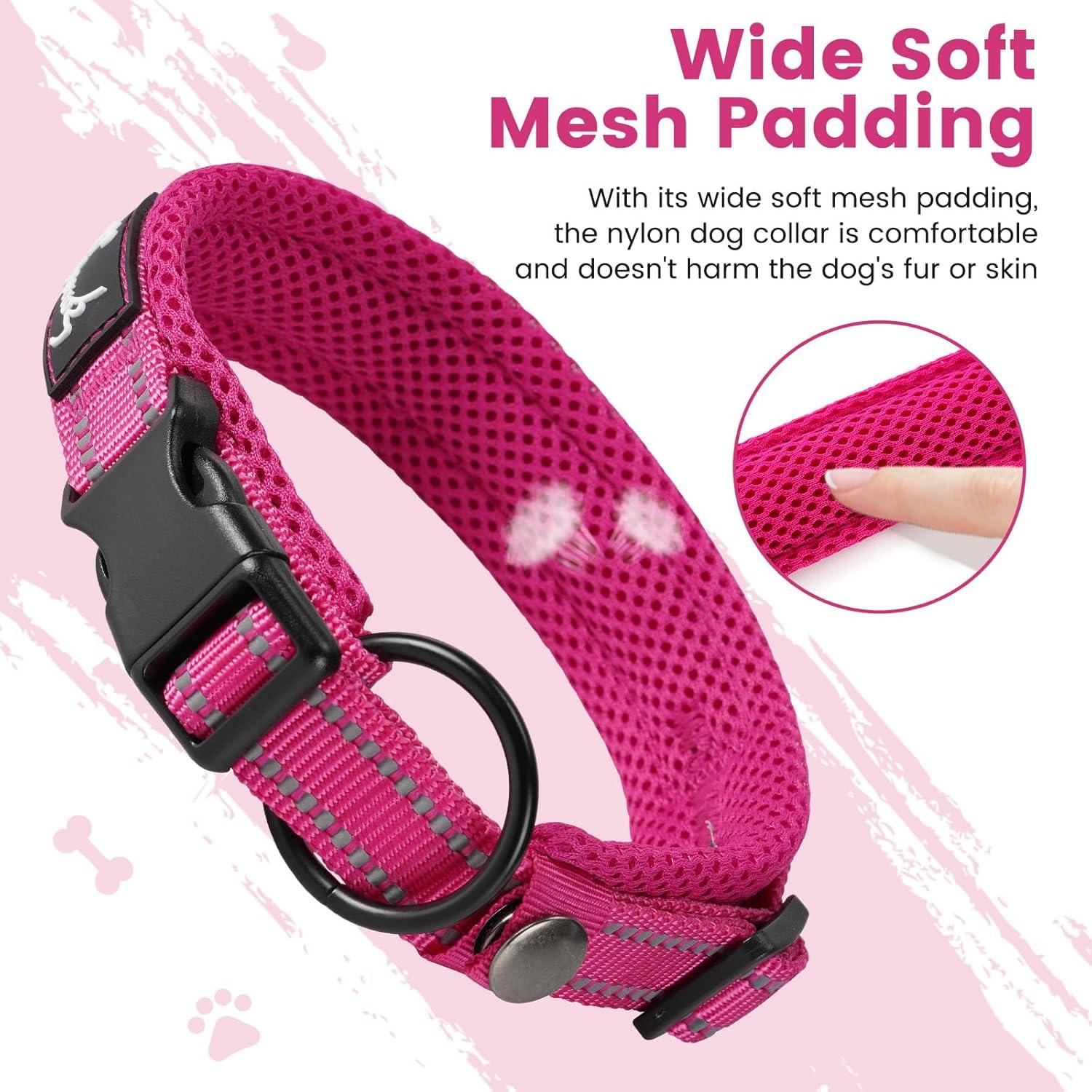 IDOGCHEW Hundehalsband Nylon verstellbar reflektierend weich gepolstert M Pink