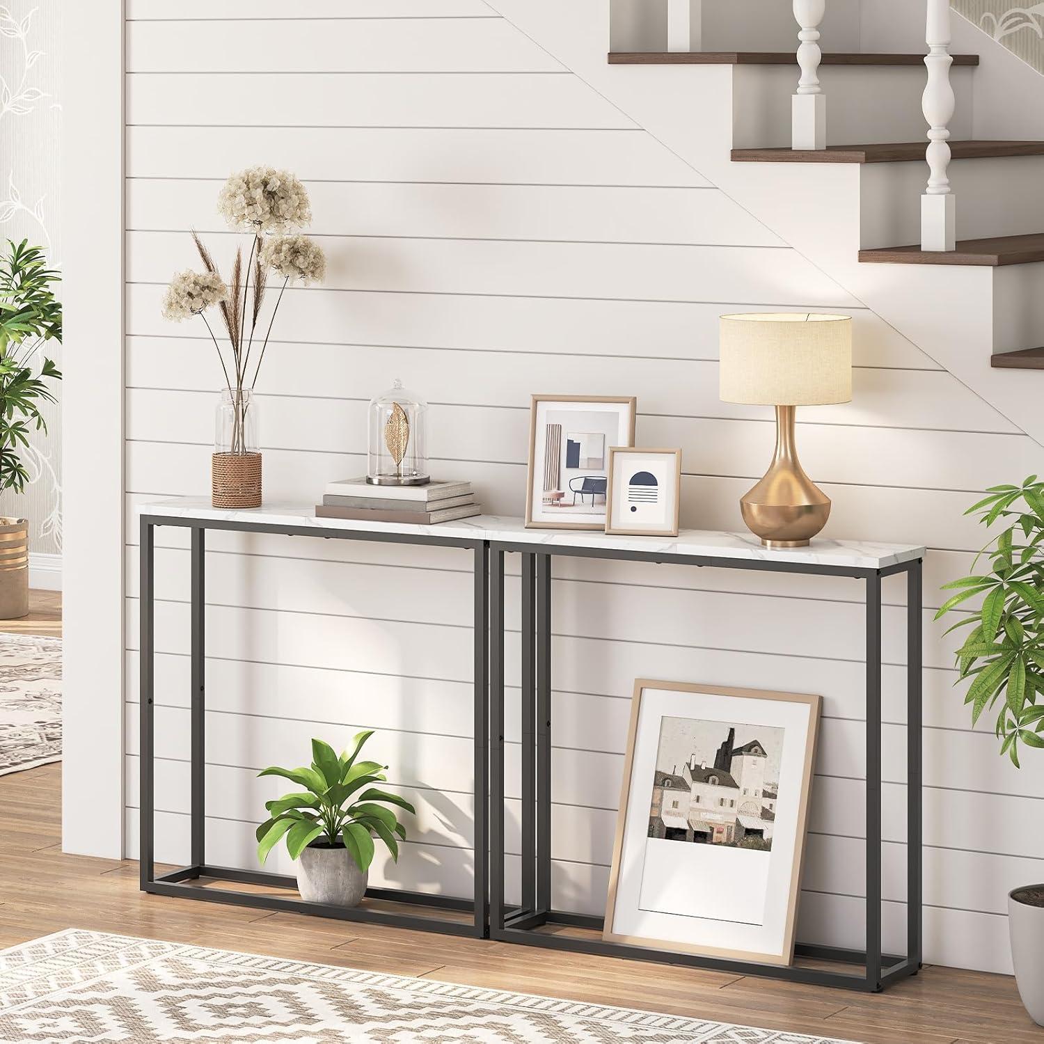 Schmaler Konsolentisch Marmor Weiß Beistelltisch 75 cm Flurtisch HOOBRO