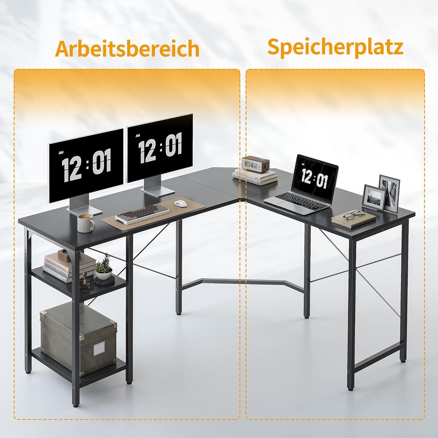 L-förmiger Schreibtisch mit Regalen 150x120 cm Schwarz