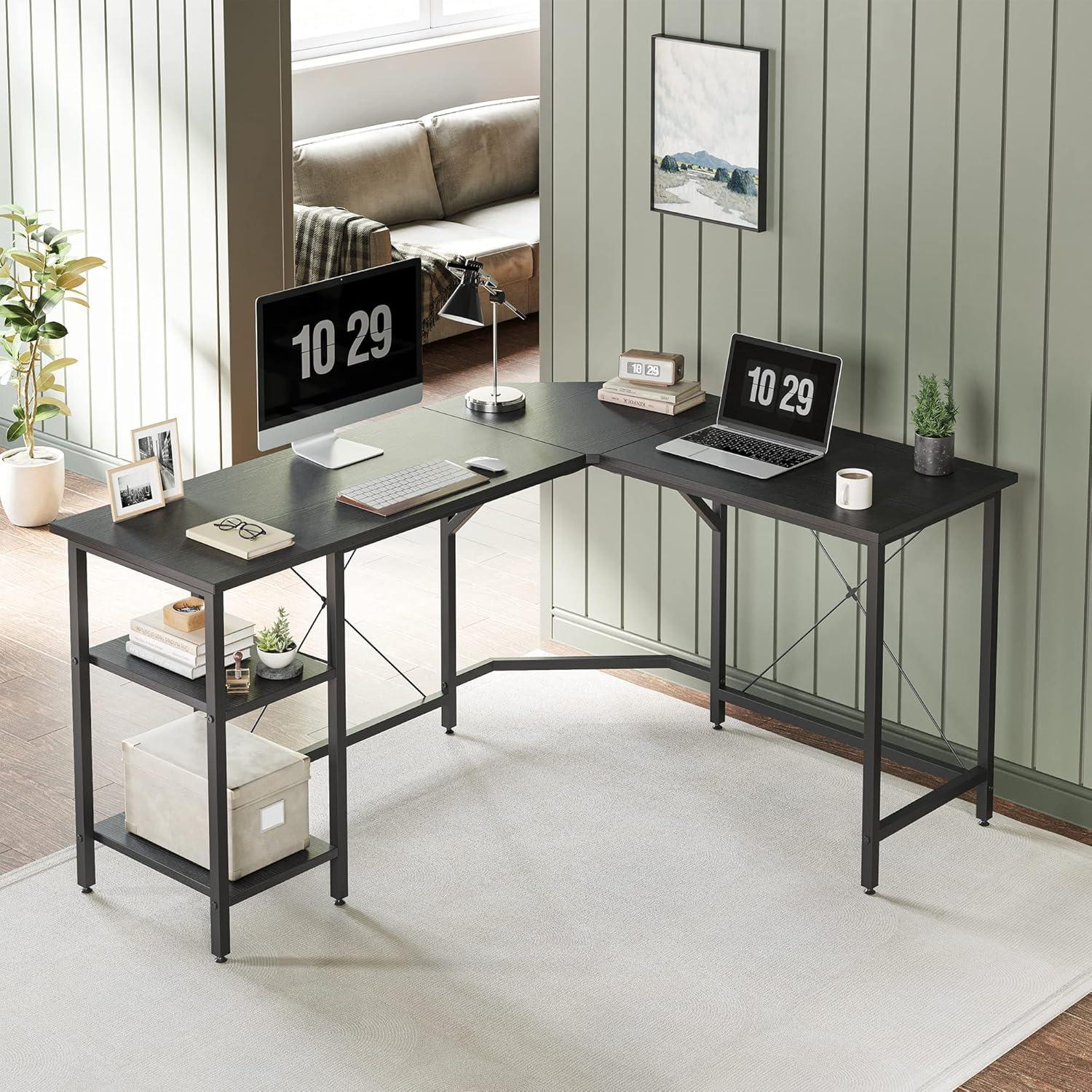 L-förmiger Schreibtisch mit Regalen, 150x120 cm, Schwarz