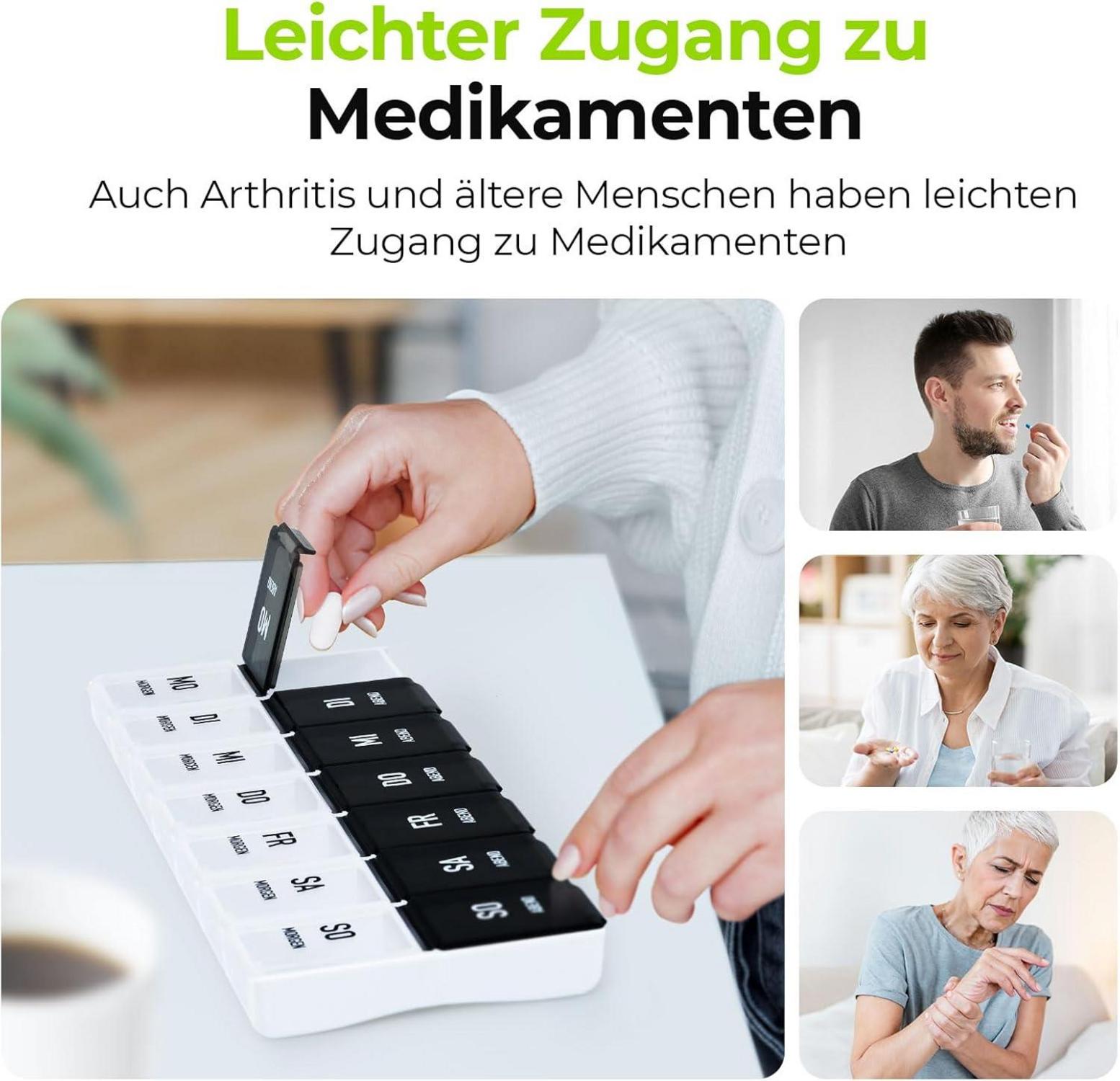 Tablettenbox 7 Tage Morgens Abends Organizer Medikamente Vitamine Schwarz
