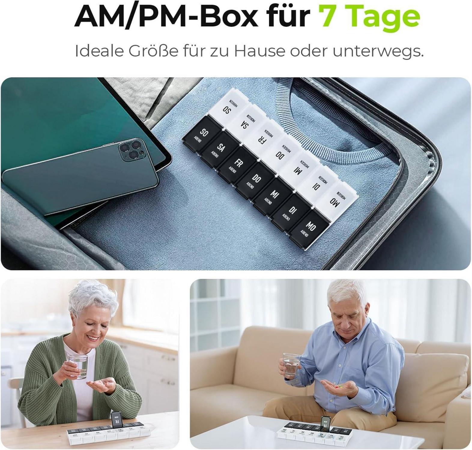 Tablettenbox 7 Tage Morgens Abends Organizer Medikamente Vitamine Schwarz