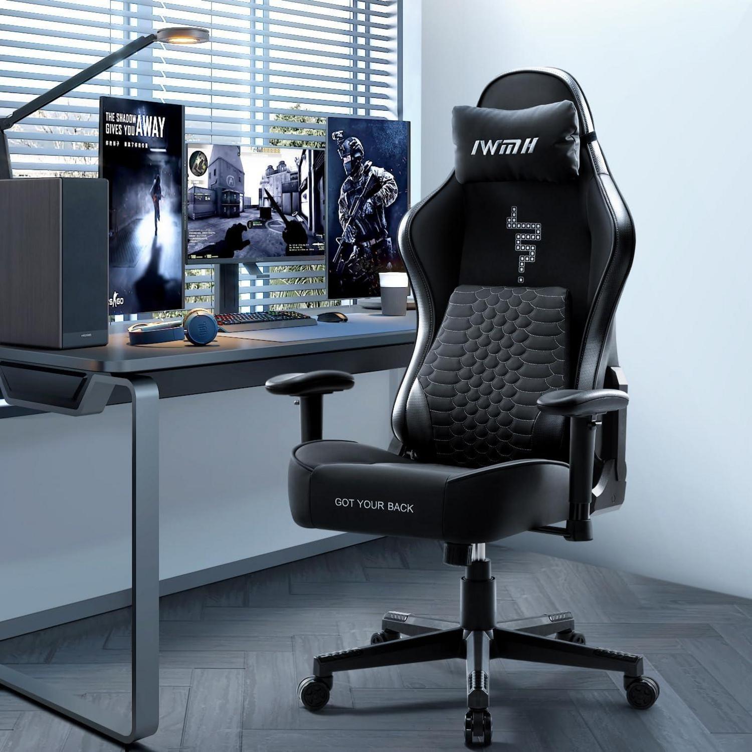 Ergonomischer Gaming Stuhl mit 3D-Lordosenstütze, Schwarz