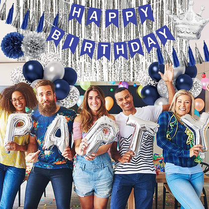 Blau Silber Geburtstagsdeko Set mit Luftballons und Happy Birthday