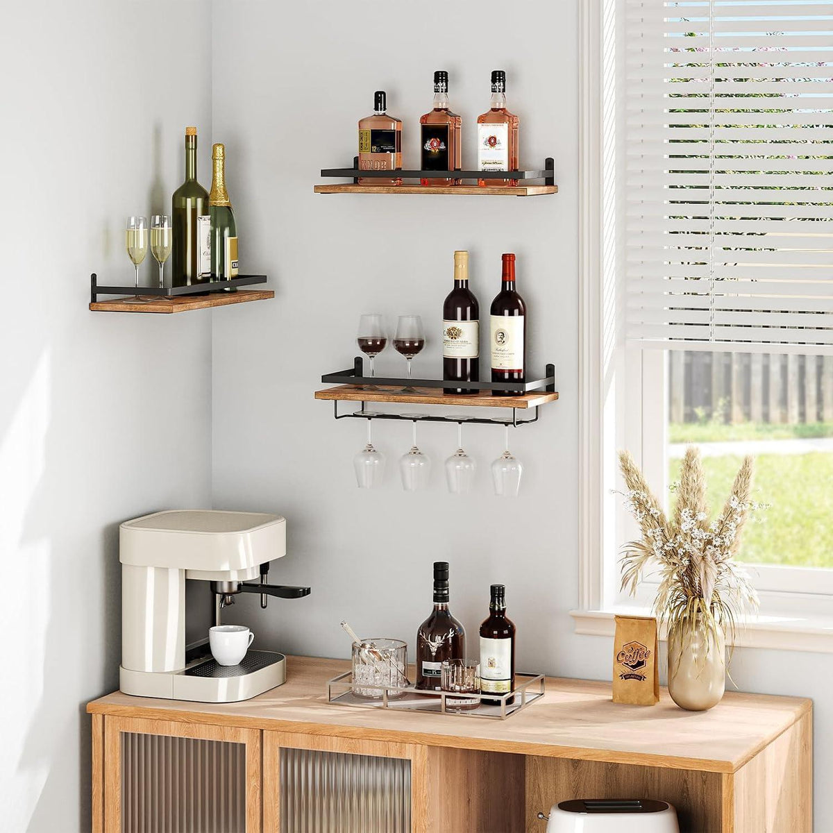HOOBRO Wand-Weinregal 3er Set mit Glashalter, Vintagebraun