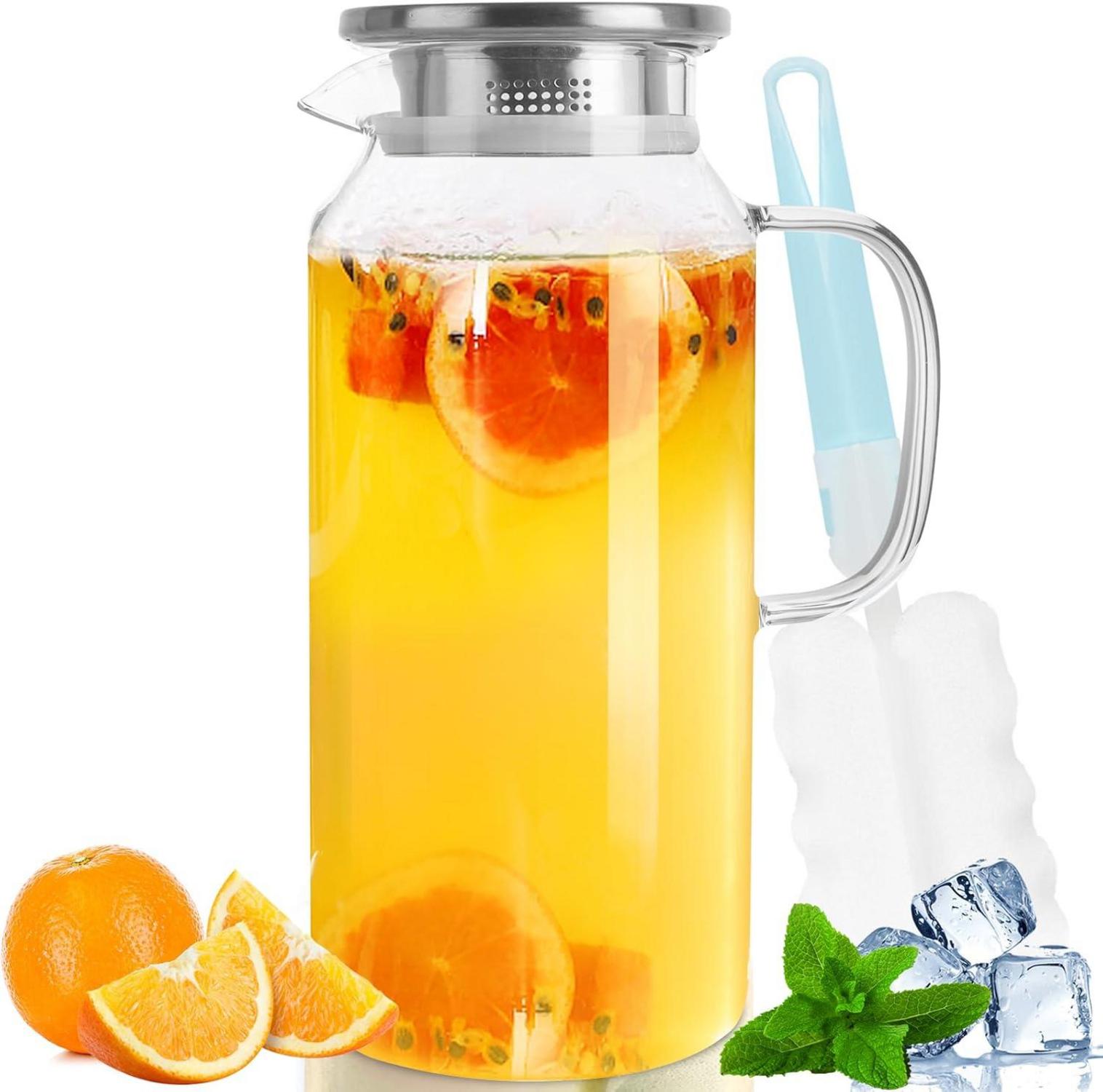 Karaffe 2 Liter Glas mit Edelstahldeckel und Griff, BPA-frei
