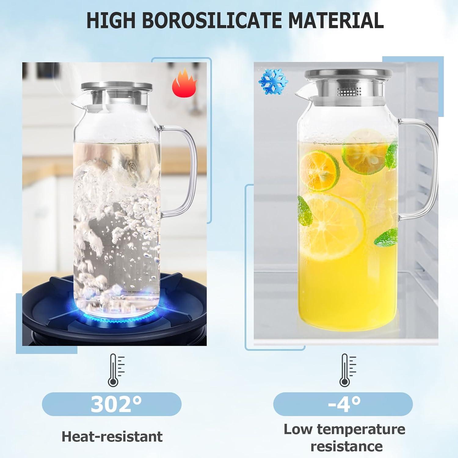 Karaffe 2 Liter Glas mit Edelstahldeckel und Griff, BPA-frei