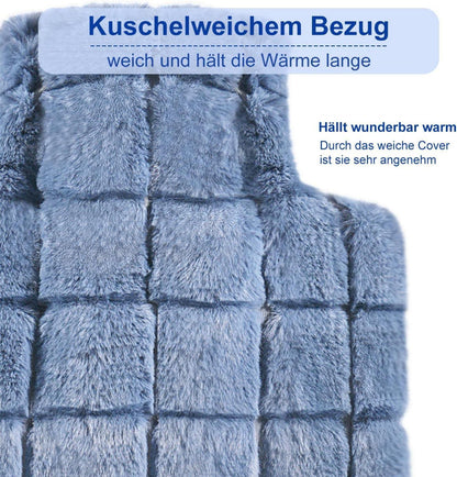 Wärmflasche mit Fellbezug 2L Naturkautschuk Gummi Blau