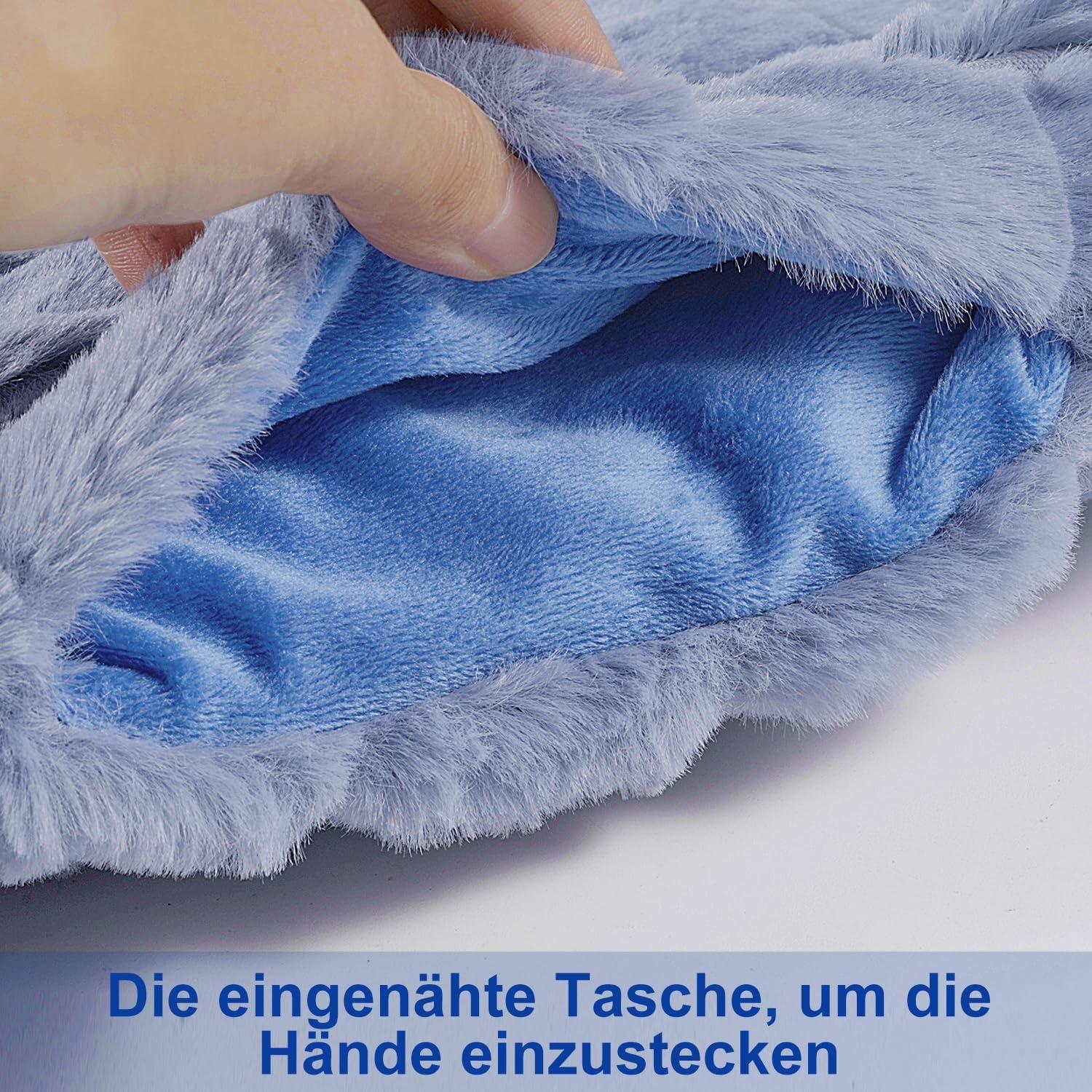 OWOZOI Wärmflasche 2L Naturkautschuk Gummi mit Fellbezug Blau