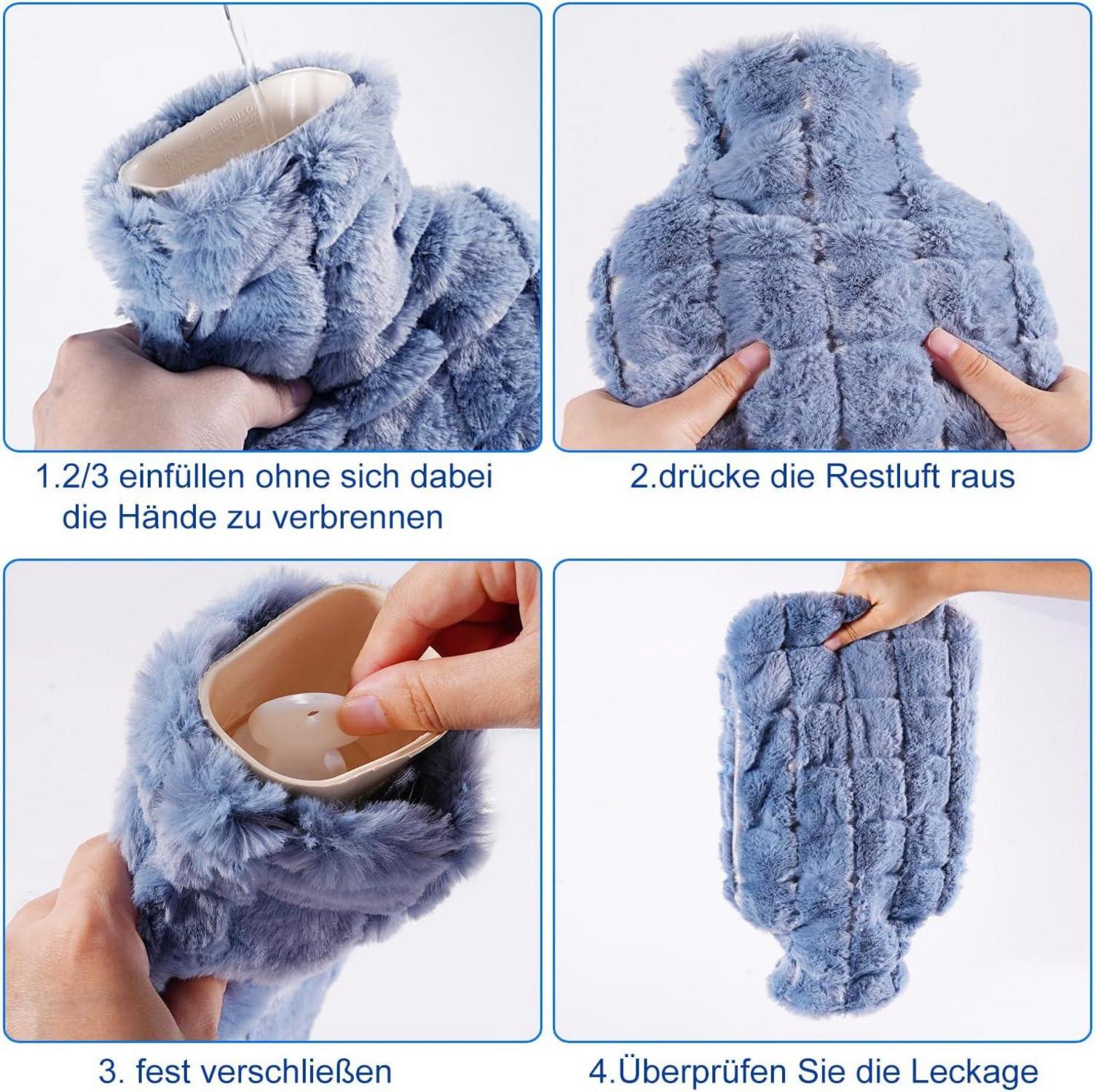 Wärmflasche mit Kunstfell Bezug Tasche 2L Gummi Blau