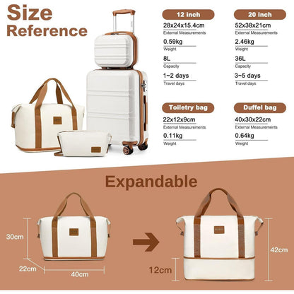 4-teiliges Reisekoffer Set mit TSA-Schloss, 55cm Handgepäck, Creme Weiß