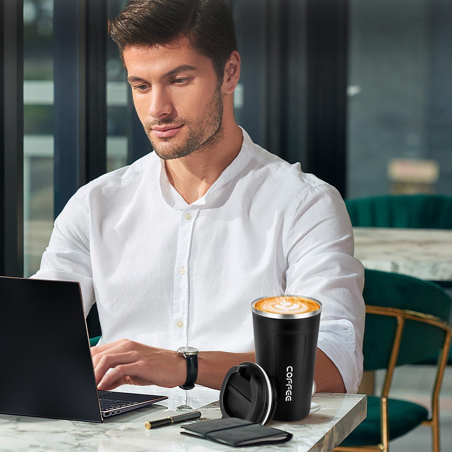 CMKJ Thermobecher Edelstahl – Kaffeebecher to Go 510ml Schwarz für Tee Kaffee