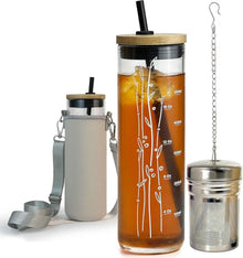 Trinkbecher Glas mit Strohhalm und Bambusdeckel 600ml