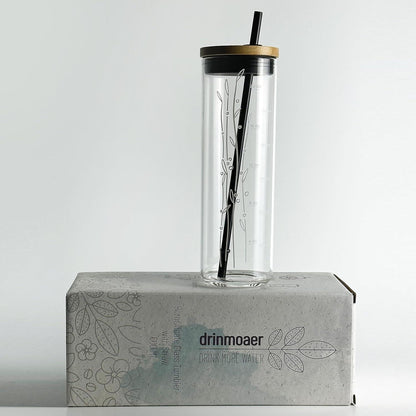 Trinkbecher Glas mit Strohhalm und Bambusdeckel 600ml