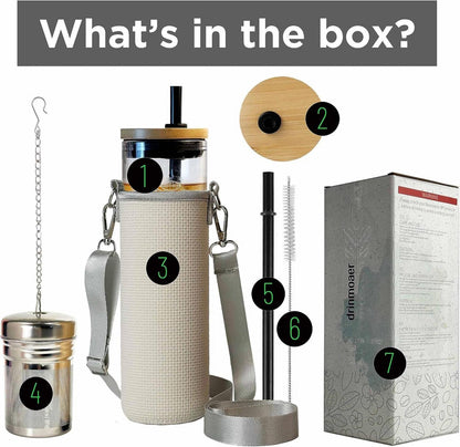 drinmoaer 600ml Glas-Trinkbecher mit Strohhalm, Bambusdeckel und Zubehör