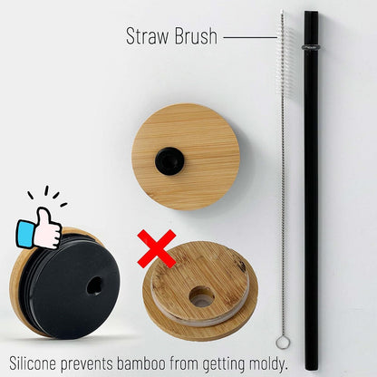 drinmoaer 600ml Glas Trinkbecher Strohhalm Bambusdeckel 21oz Grau