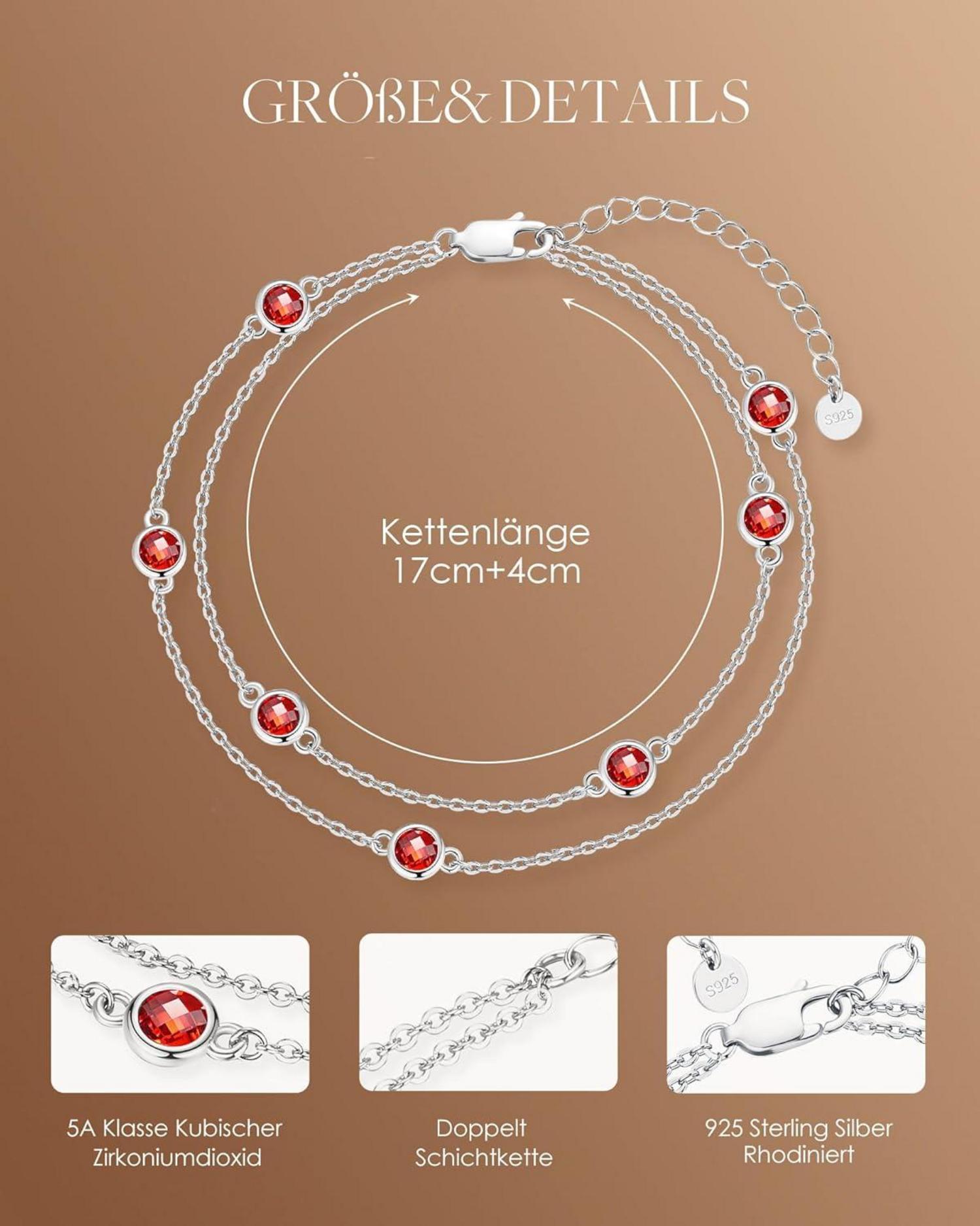 Armband Damen 925 Sterling Silber Layered Geburtsstein Anhänger Doppelt Kette