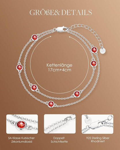 Armband Damen 925 Sterling Silber Layered Geburtsstein Anhänger Doppelt Kette