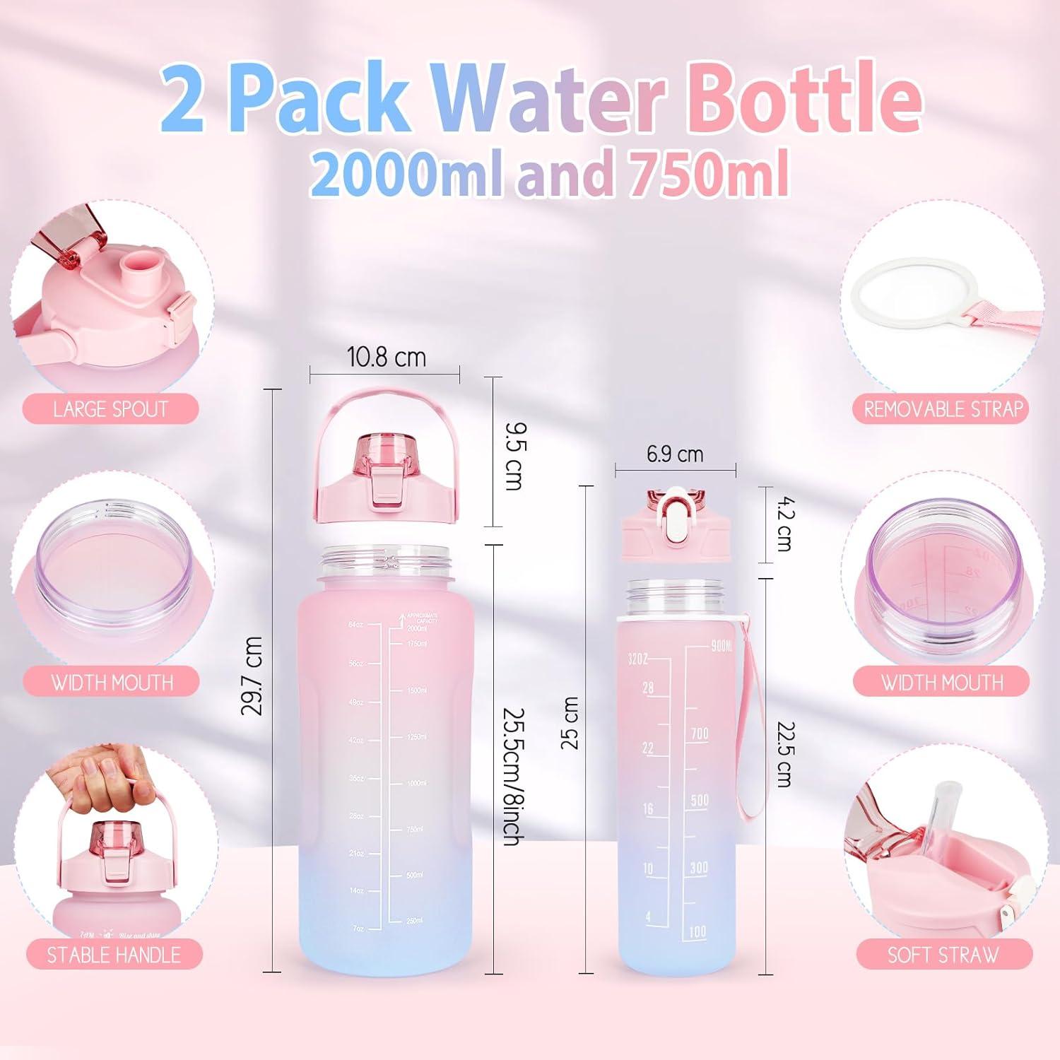 2er Pack Trinkflasche BPA-frei mit Zeitmarkierung 2L+750ml