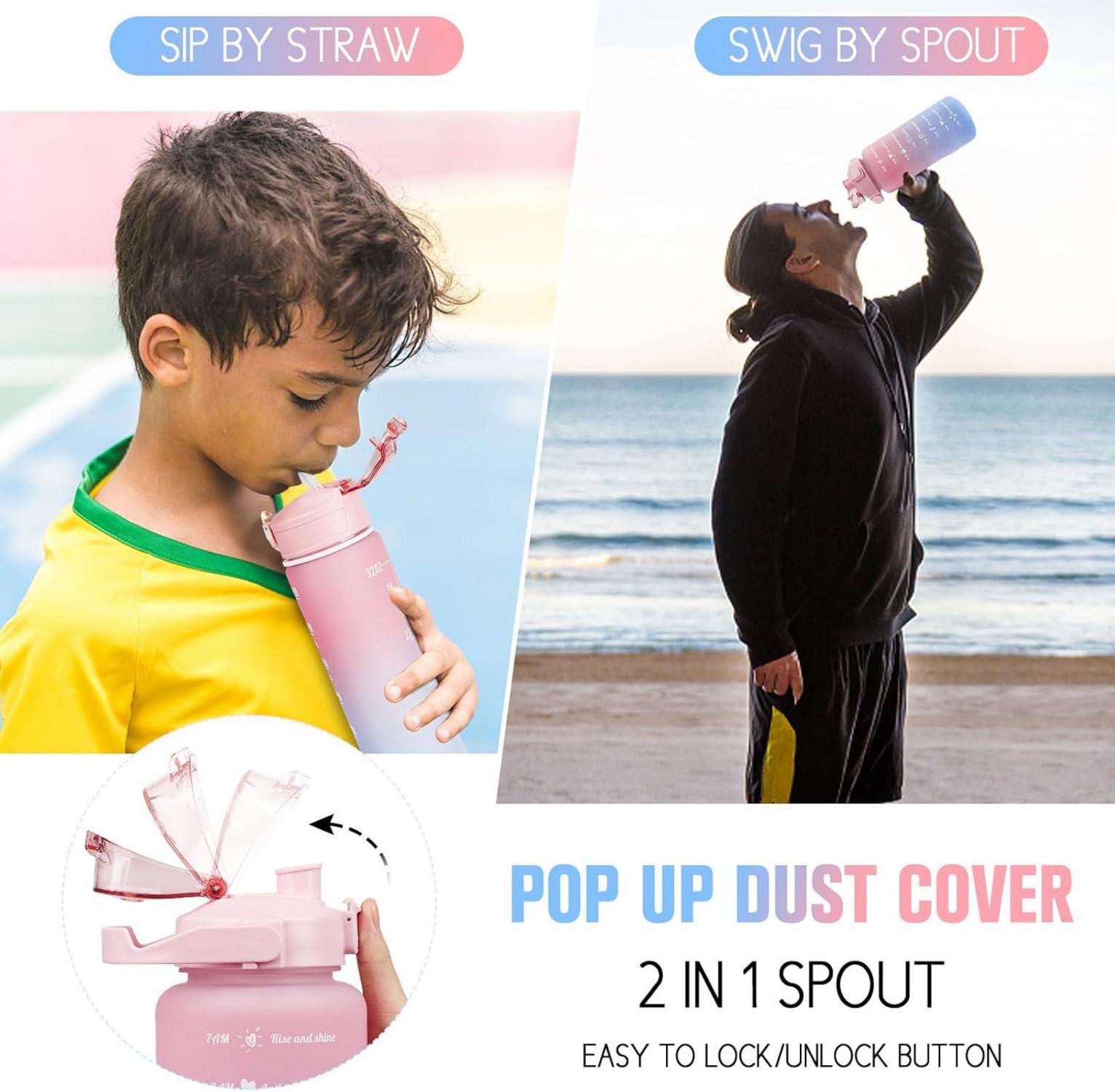BPA-freie Sport-Trinkflasche Set 2L+750ml mit Zeitmarkierung, Strohhalm, Bürste - Pink Blau - 2er Pack