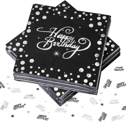 40 Stück Servietten Happy Birthday Schwarz Silber 33x33cm