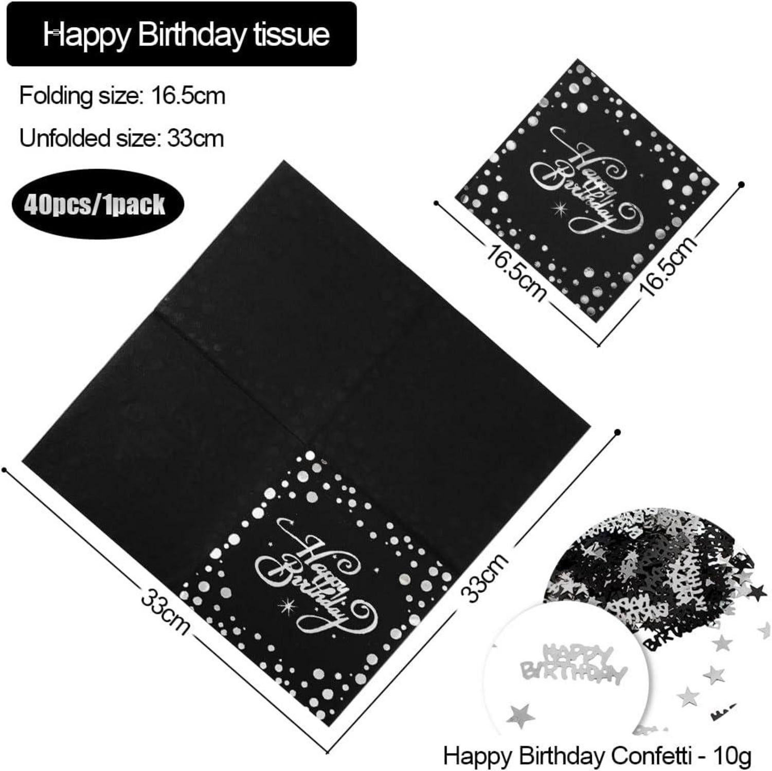 40 Stück Servietten Happy Birthday Schwarz Silber 33x33cm