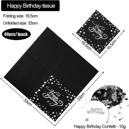 40 Stück Servietten Happy Birthday Schwarz Silber 33x33cm