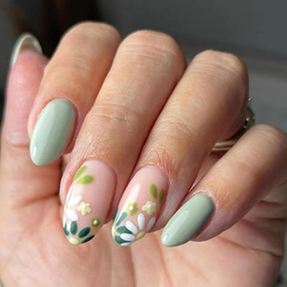 24er Set Mandel Nägel Französisch Grün Blume - Press On Nails