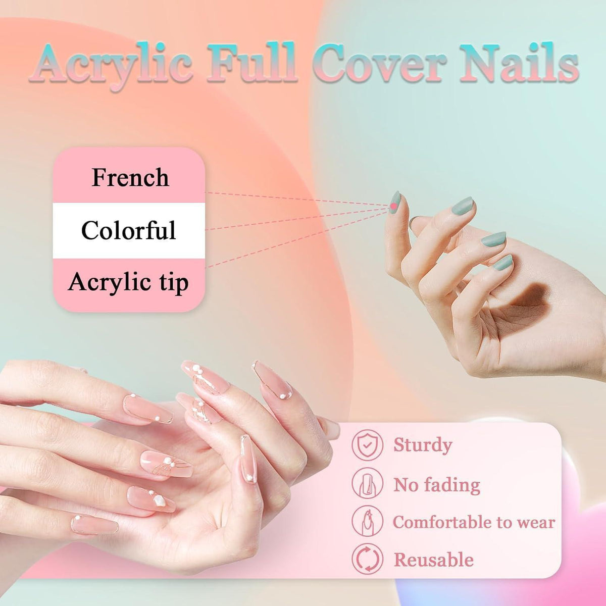 24er Set Mandel Nägel Französisch Grün Blume - Press On Nails