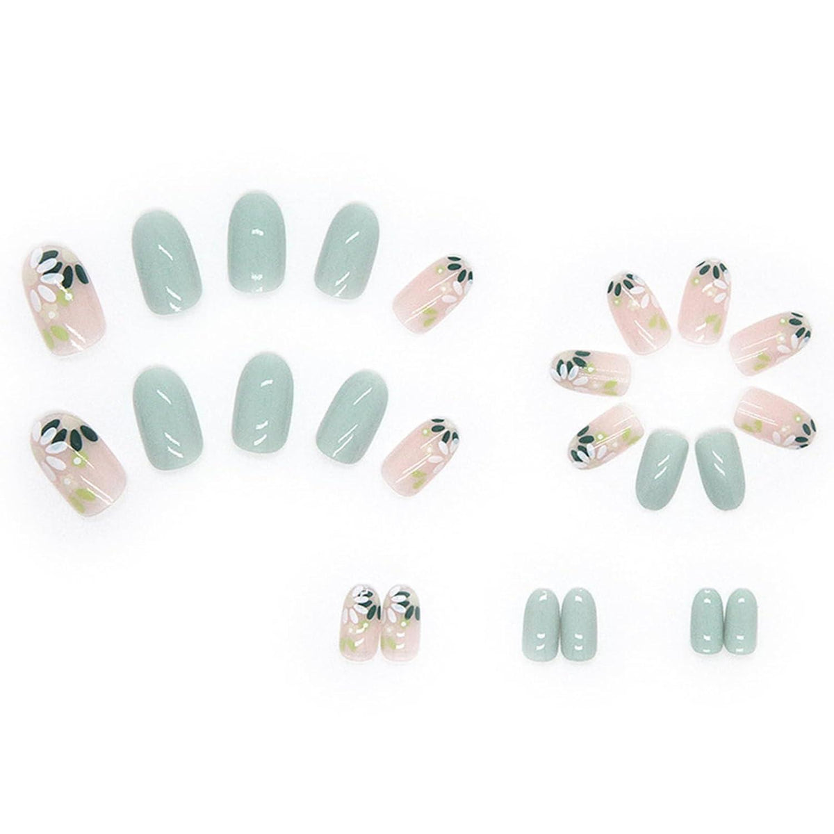 24er Set Mandel Nägel Französisch Grün Blume - Press On Nails