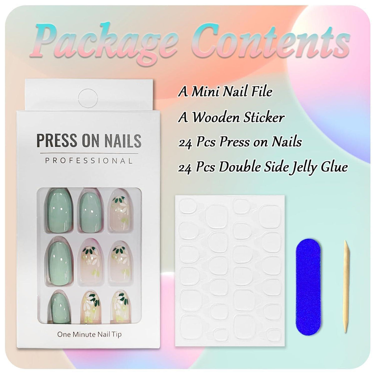 24er Set Mandel Nägel Französisch Grün Blume - Press On Nails