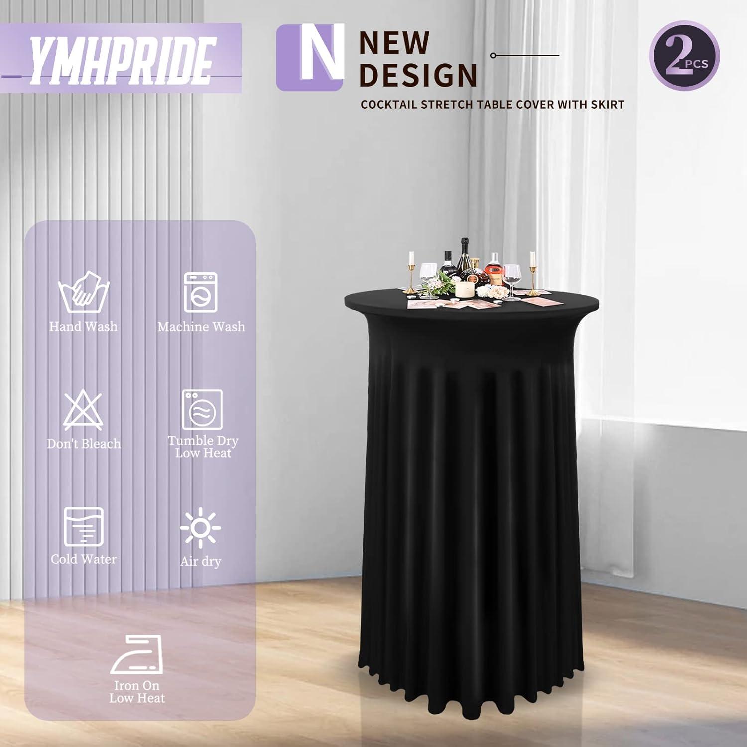 YMHPRIDE 2er Set Schwarze Cocktail Spandex Stretch Tischdecke 60x110cm Rund mit Rock