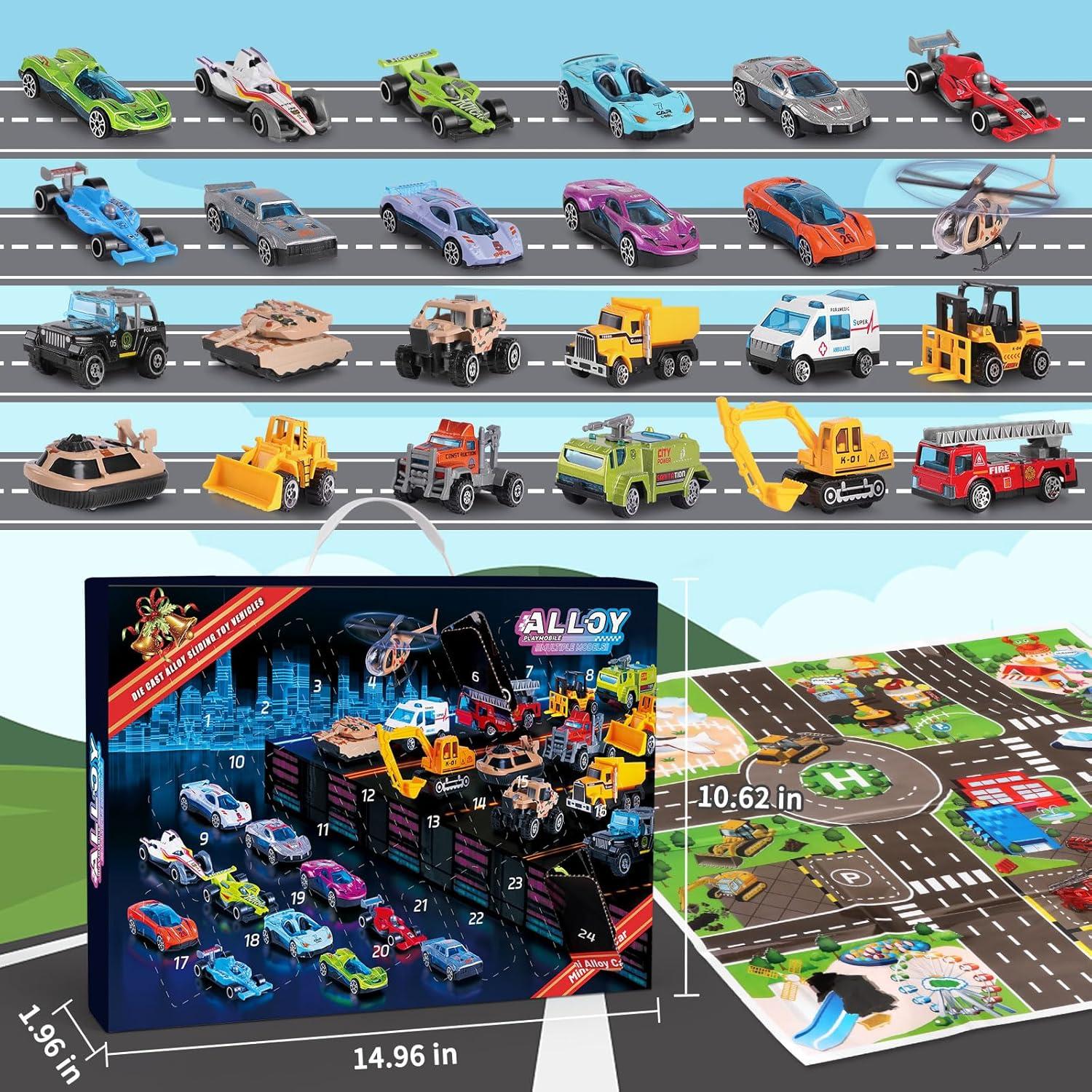 Adventskalender 2024 Kinder 24-teiliges Spielzeugfahrzeug für Jungen Mädchen